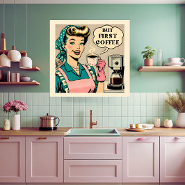 Men första kaffet 50 tecknad bok stil kökskonst poster