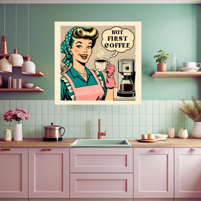 Men första kaffet 50 tecknad bok stil kökskonst poster (Skapare uppladdad)