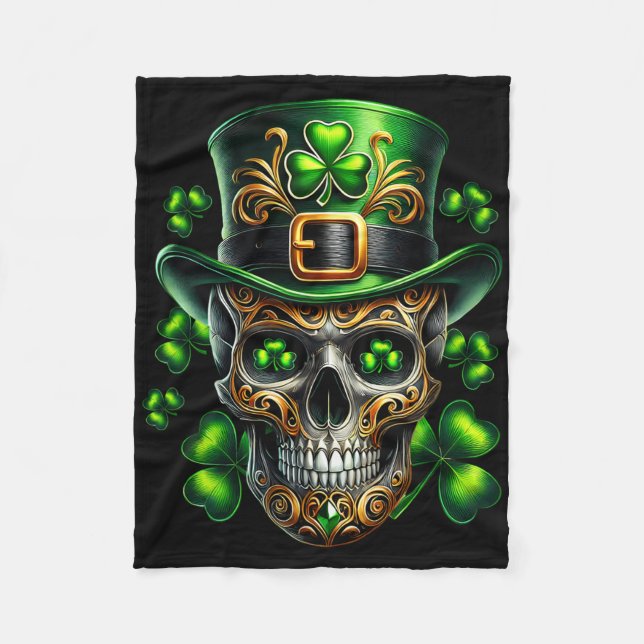 Men Irish Skull Shamrock Leprechaun Ireland St Pat Fleecefilt (Framsidan)