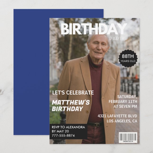 Men Magazine Navyblå Foto 88-årsdag  Inbjudningar (Fram/baksida)