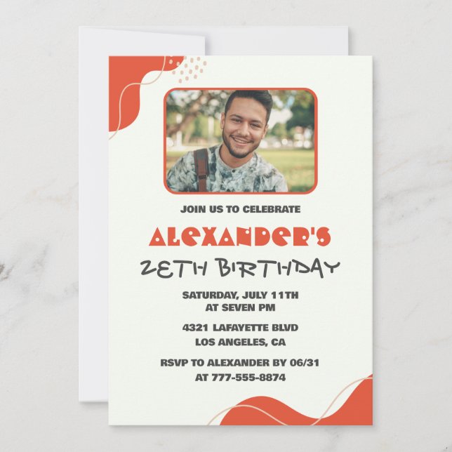 Men Photo 28th birthday invitations Modern Red Inbjudningar (Framsida)