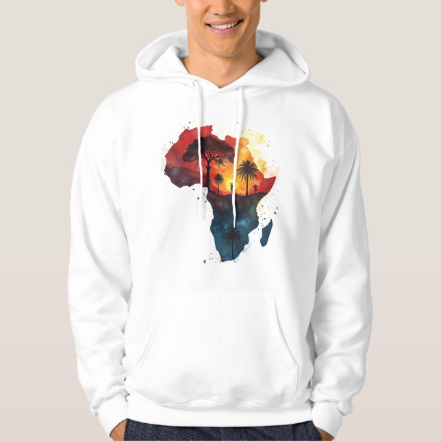 Men’s Hoodie with Watercolor Africa Sunset Design (Framsida)