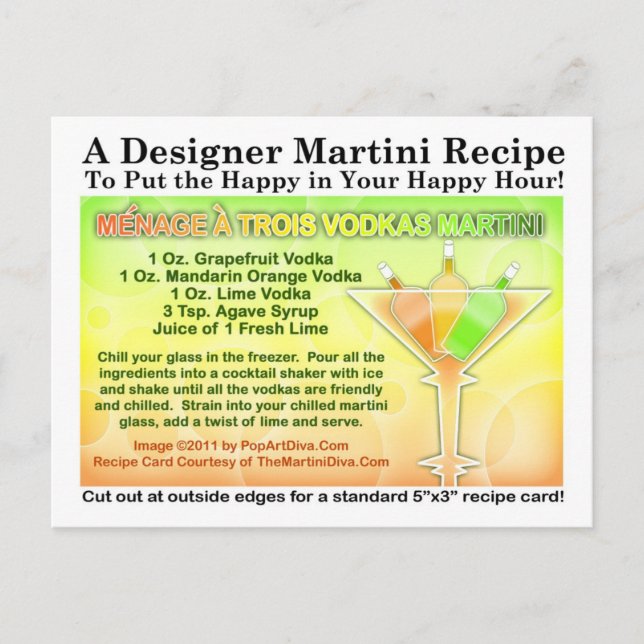 Menage a Trois Vodkas Martini Recipe Postcard Vykort (Framsida)