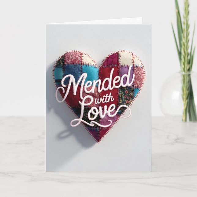 Mended with Love Greeting Card – Patchwork Heart  Kort (Framsida)