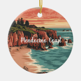 Mendocino Kusten, California Retro Watercolor Julgransprydnad Keramik