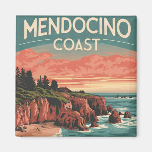 Mendocino Kusten, California Retro Watercolor Magnet