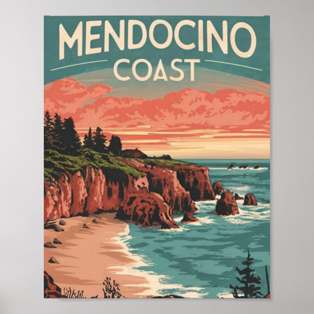Mendocino Kusten, California Retro Watercolor Poster (Framsidan)