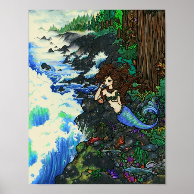 "Mendocino Sjöjungfru" Fairy Fantasy Kusten Ocean  Poster (Framsidan)