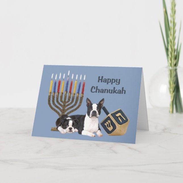 Menora Dreidel1 för Boston TerrierChanukah kort (Framsida)