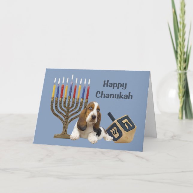 Menora Dreidel för BassethundChanukah kort (Framsida)