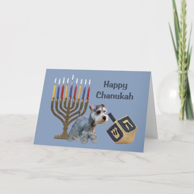 Menora Dreidel för miniatyrSchnauzerChanukah kort (Framsida)