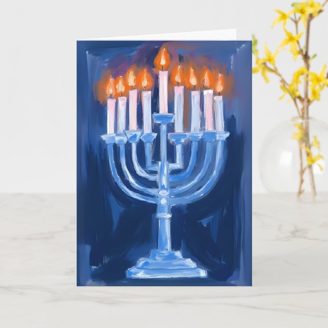 Menorah Blå Hanukkah Kort (Gul blomma)