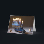 Menorah Blue Lastbil Chanukah Card Helgkort<br><div class="desc">Skicka Chanukah hälsning med en Menorah på ett blått lastbil med drömmar.</div>