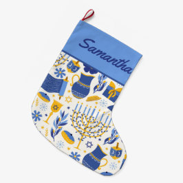 Menorah & Dreidel Blue Hanukkah Stocking Stor Julstrumpa