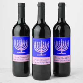 Menorah Hanukkah Cobalt Blue Din text Vinflaska Etikett