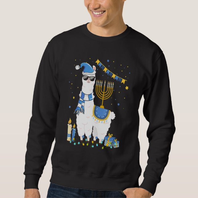 Menorah Hanukkah Llama Cute Alpaca Chanukah Holida Lång Ärmad Tröja (Framsida)