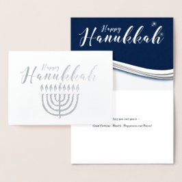 Menorah i Blue och Silver Modern Hanukkah Folierat Kort