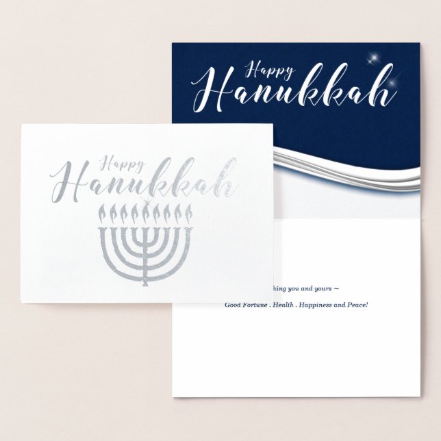 Menorah i Blue och Silver Modern Hanukkah Folierat Kort (Display)