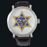 Menorah innanför David stjärna Armbandsur<br><div class="desc">Blå och guld-design. Menorah innanför David stjärna</div>