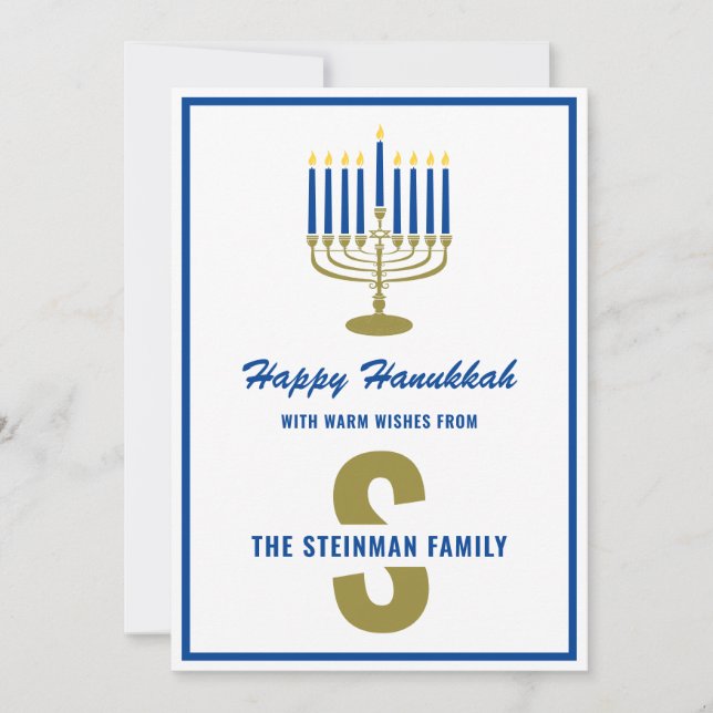 Menorah Ljus Glad Hanukkah Monogram Familjenamn Julkort (Framsida)