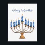 Menorah med brinnande ljus Glad Hanukkah  Vykort<br><div class="desc">Akvarell menorah med blå brinnande ljus.  Glad Hanukkah hälsning kan ändras.   AI-assisterad grafik köpt med kommersiell användning.  Konstverk:  CosmicMeta</div>
