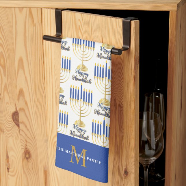 Menorah med Ljus Lycklig Hanukkah Monogram Kökshandduk (Thirds Fold)