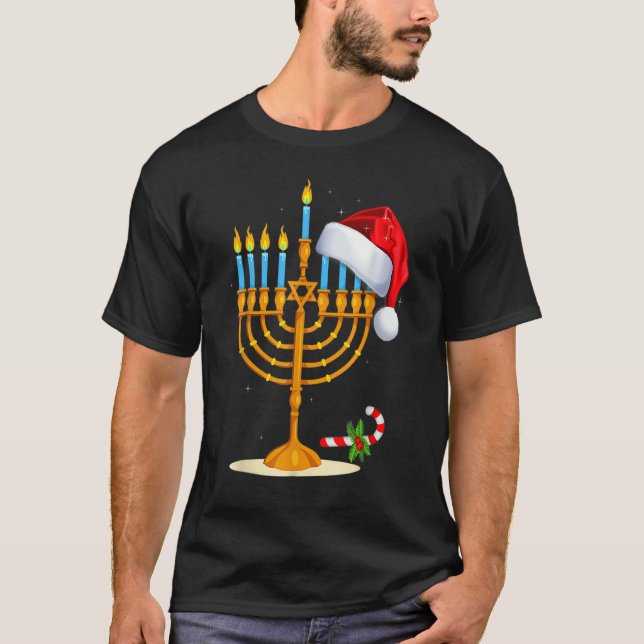 Menorah Santa Hat Chanukah Hanukkah Jewish Christm T Shirt (Framsida)