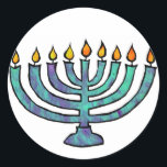 Menorah Stickers Runt Klistermärke<br><div class="desc">Blå Menorah med tändande ljus.</div>