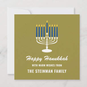 Menorah White Blue Guld-familjen Namn Lycklig Hanu Julkort