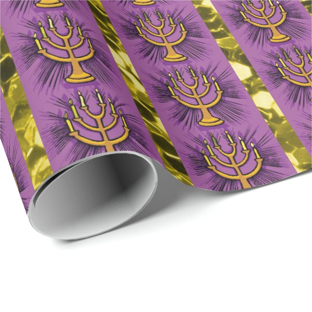 Menorahs Lila & Guld Faux Glitter Presentpapper (Rullad Hörn)