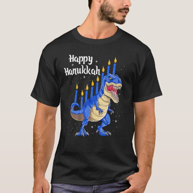 Menorasaurus Rex Dinosaur Chanukkah Lycklig Hanukk T Shirt (Framsida)