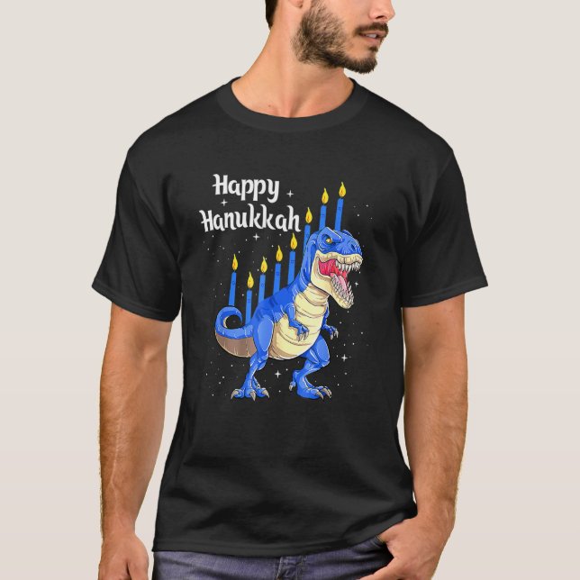 Menorasaurus Rex Dinosaur Chanukkah Lycklig Hanukk T Shirt (Framsida)