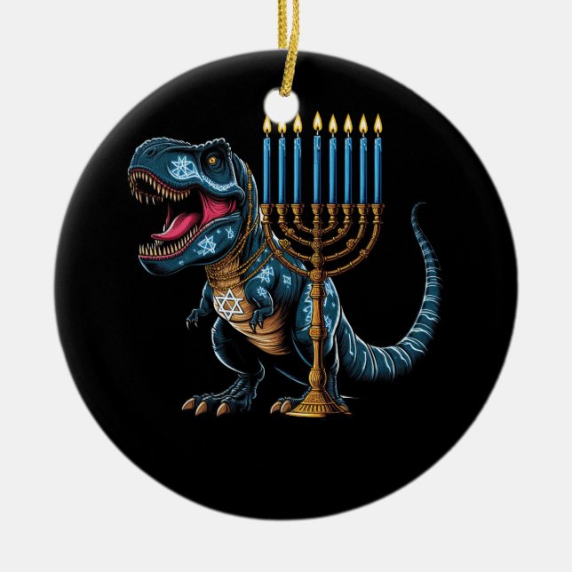 Menorasaurus Rex Trex Dinosaur Hanukah Menorah Je Julgransprydnad Keramik (Framsidan)