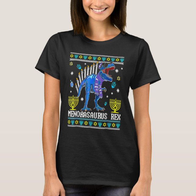 Menorasaurus Rex Trex Menorah Ful Hanukkah Chanuk T Shirt (Framsida)