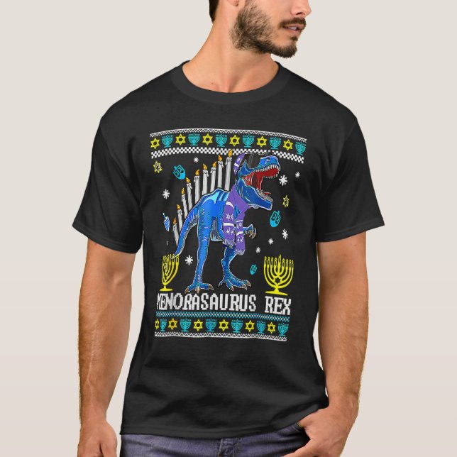 Menorasaurus Rex Trex Menorah Ful Hanukkah Chanuk T Shirt (Framsida)