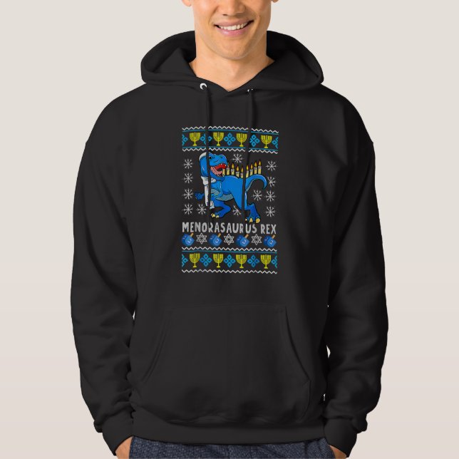 Menorasaurus Rex Trex Menorah Ugly Hanukkah Chanuk Hoodie (Framsida)