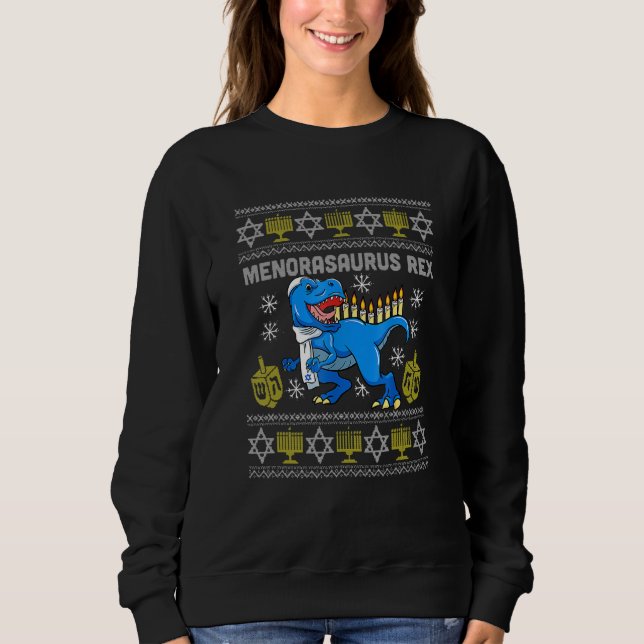 Menorasaurus Rex Trex Menorah Ugly Hanukkah Chanuk T Shirt (Framsida)