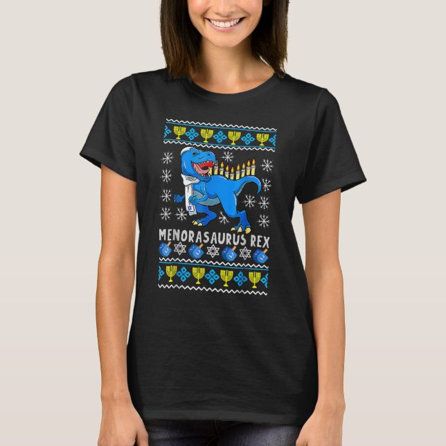 Menorasaurus Rex Trex Menorah Ugly Hanukkah Chanuk T Shirt (Framsida)