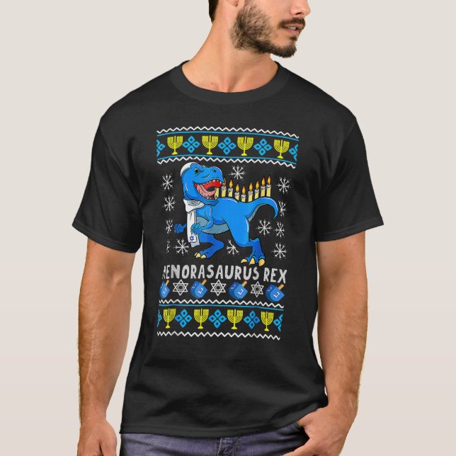Menorasaurus Rex Trex Menorah Ugly Hanukkah Chanuk T Shirt (Framsida)