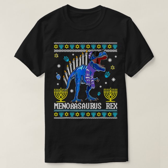 Menorasaurus Rex Trex Menorah Ugly Hanukkah Chanuk T Shirt (Design framsida)