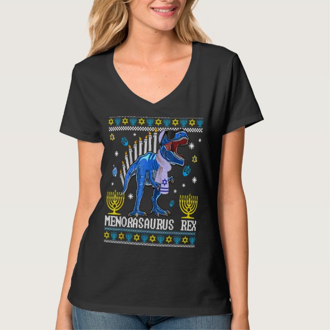 Menorasaurus Rex Trex Menorah Ugly Hanukkah Chanuk T Shirt (Framsida)