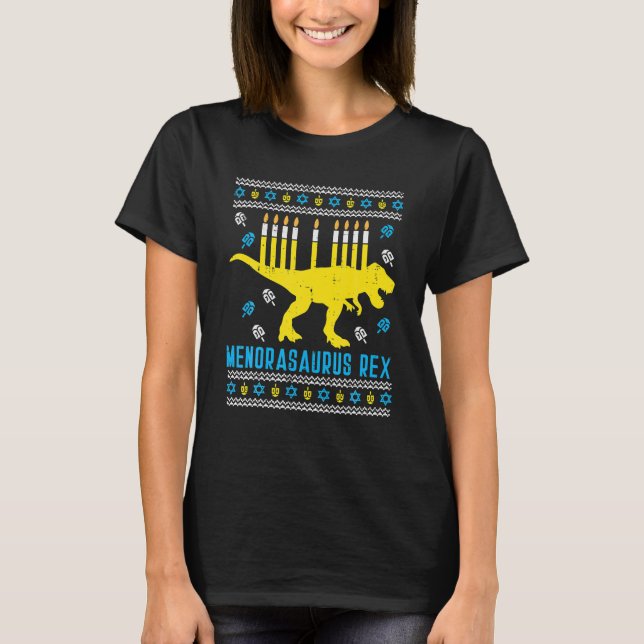 Menorasaurus Rex Trex Menorah Ugly Hanukkah T Shirt (Framsida)
