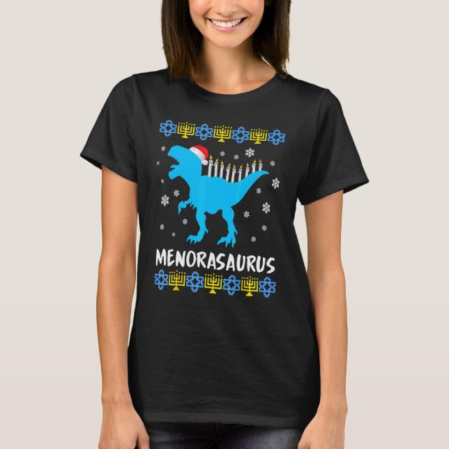 Menorasaurus Rex Ugly Hanukkah Sweater Dinosaur Re T Shirt (Framsida)