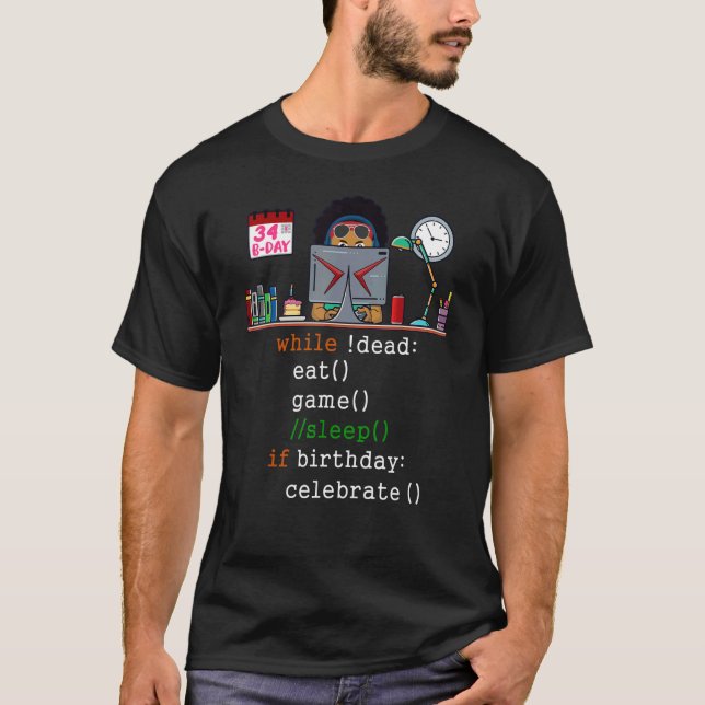 Mens 34th Birthday I Video Gamers & Coder I Eat Ga T Shirt (Framsida)