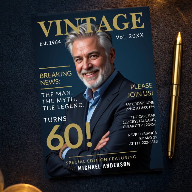 Mens 60-årsdag Magasin Stil Inbjudningar (Close up of gold navy invite with premium typography and clean layout)