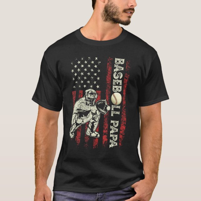 Mens Baseball Papa Flag  Dad Baseball Catcher Fath T Shirt (Framsida)
