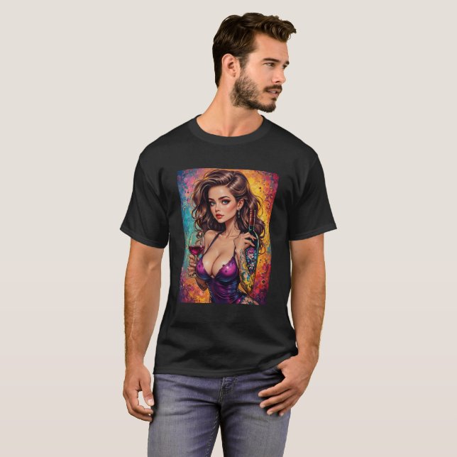 Mens Beautiful Graphic Image of Wine & Women T Shirt (Hel framsida)