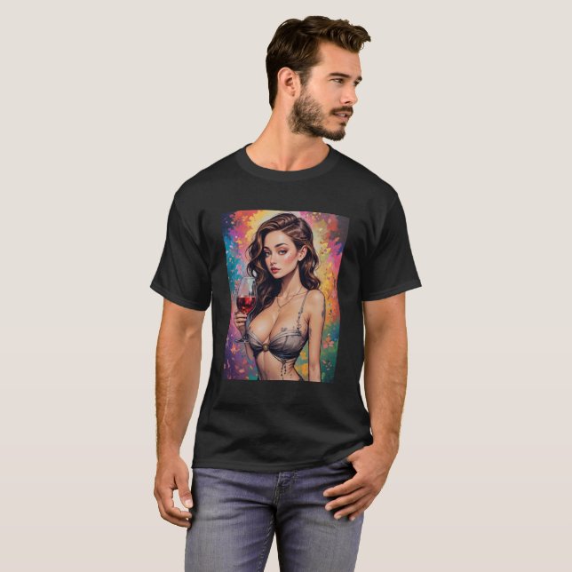 Mens Beautiful Graphic Image of Wine & Women T Shirt (Hel framsida)