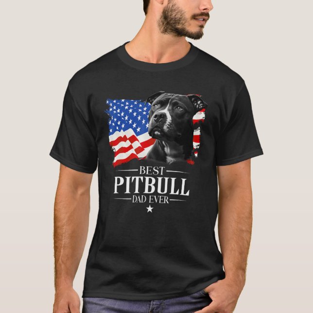 Mens Best Pitbull Dad Ever American Flag Father s  T Shirt (Framsida)