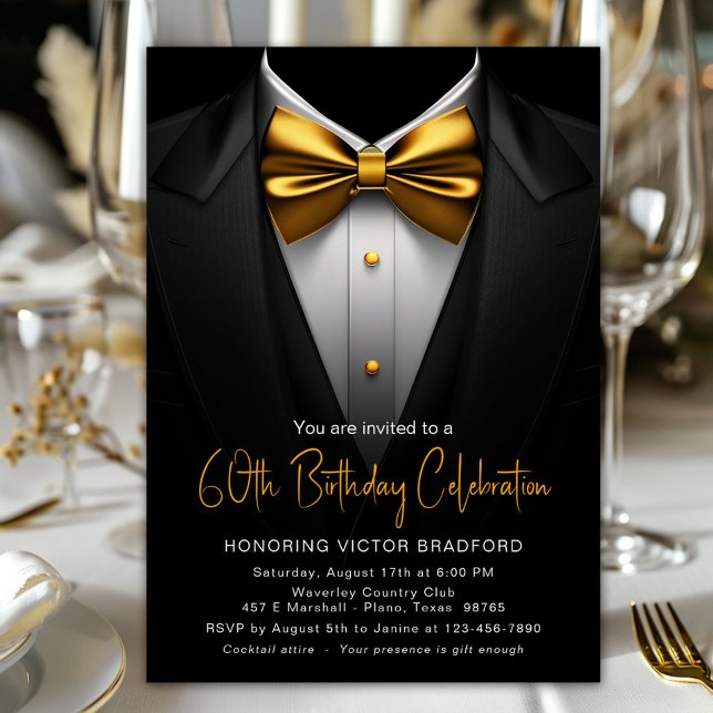 Mens Black Gold Smoking Alla Nummer Födelsedag Inbjudningar (Black tuxedo with elegant gold tie any number birthday or event invitation. Simply add your details.)